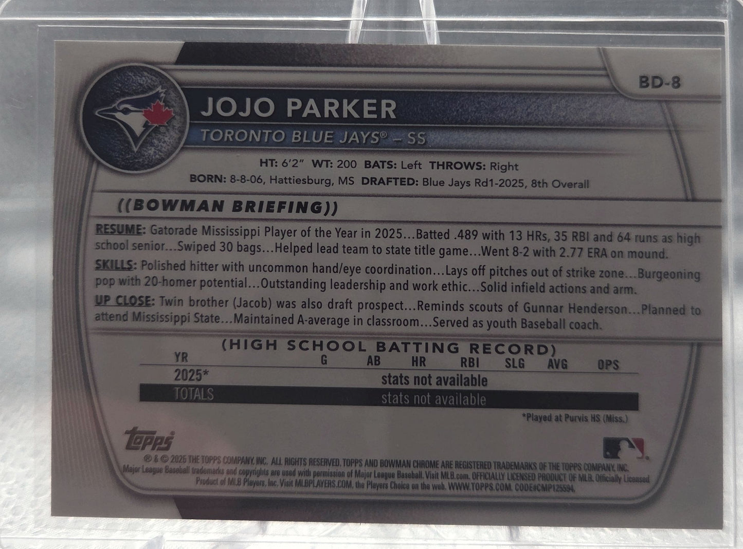 2025 Bowman Draft JoJo Parker #BD-8