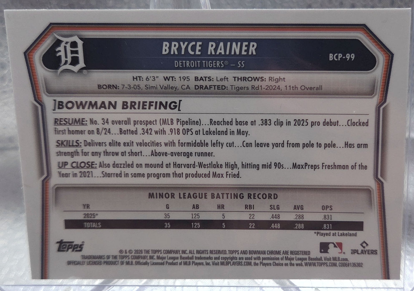 2026 Bowman Chrome Bryce Rainer #BCP-99 Mega Box Mojo Refractor