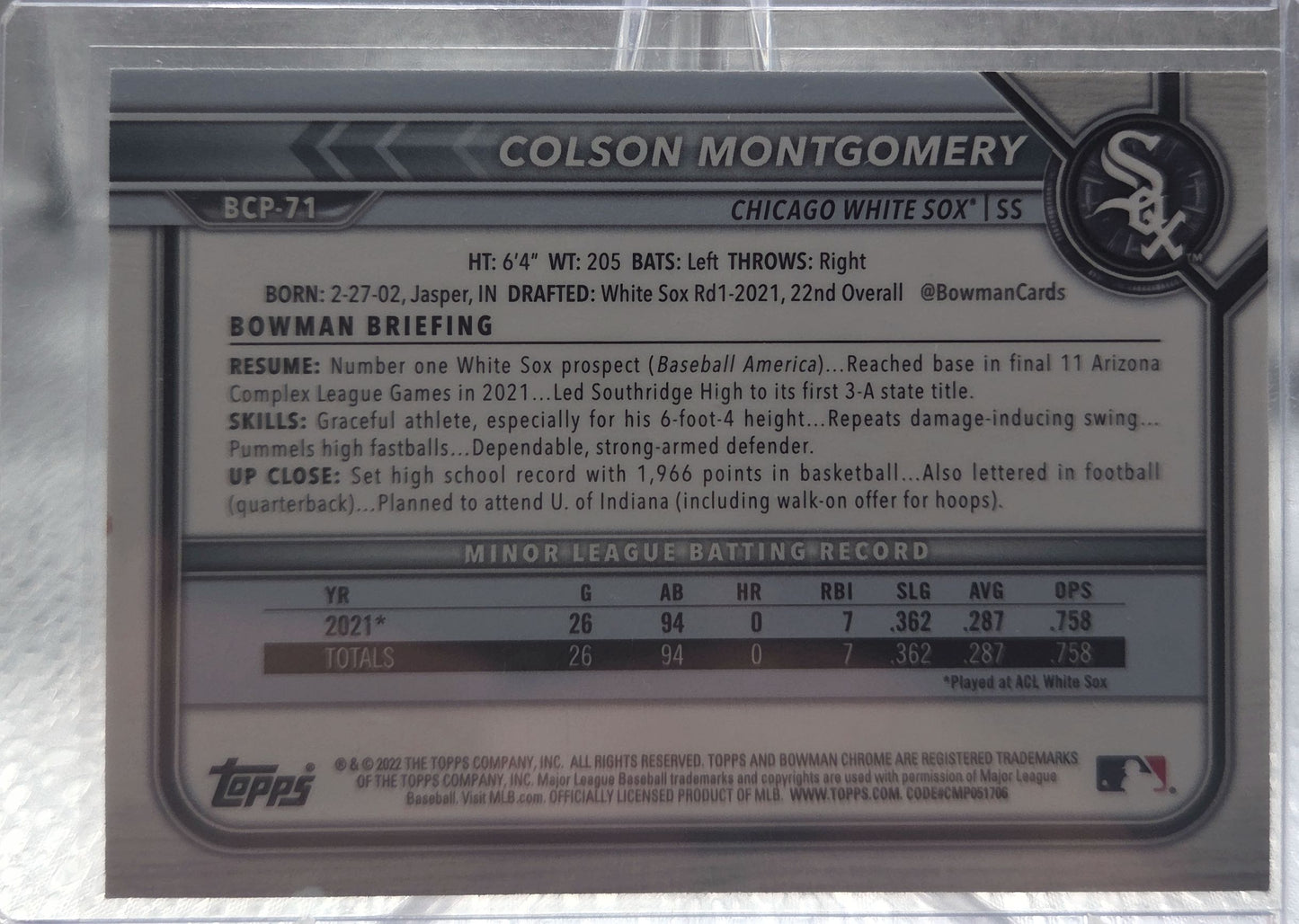 2022 Bowman Chrome Colson Montgomery #BCP-71