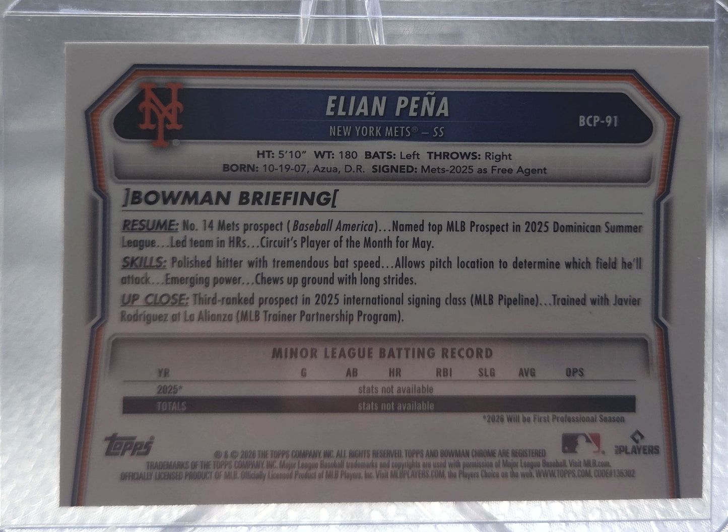 2020 Bowman Chrome Elian Peña #BCP-91 Mojo Refractor
