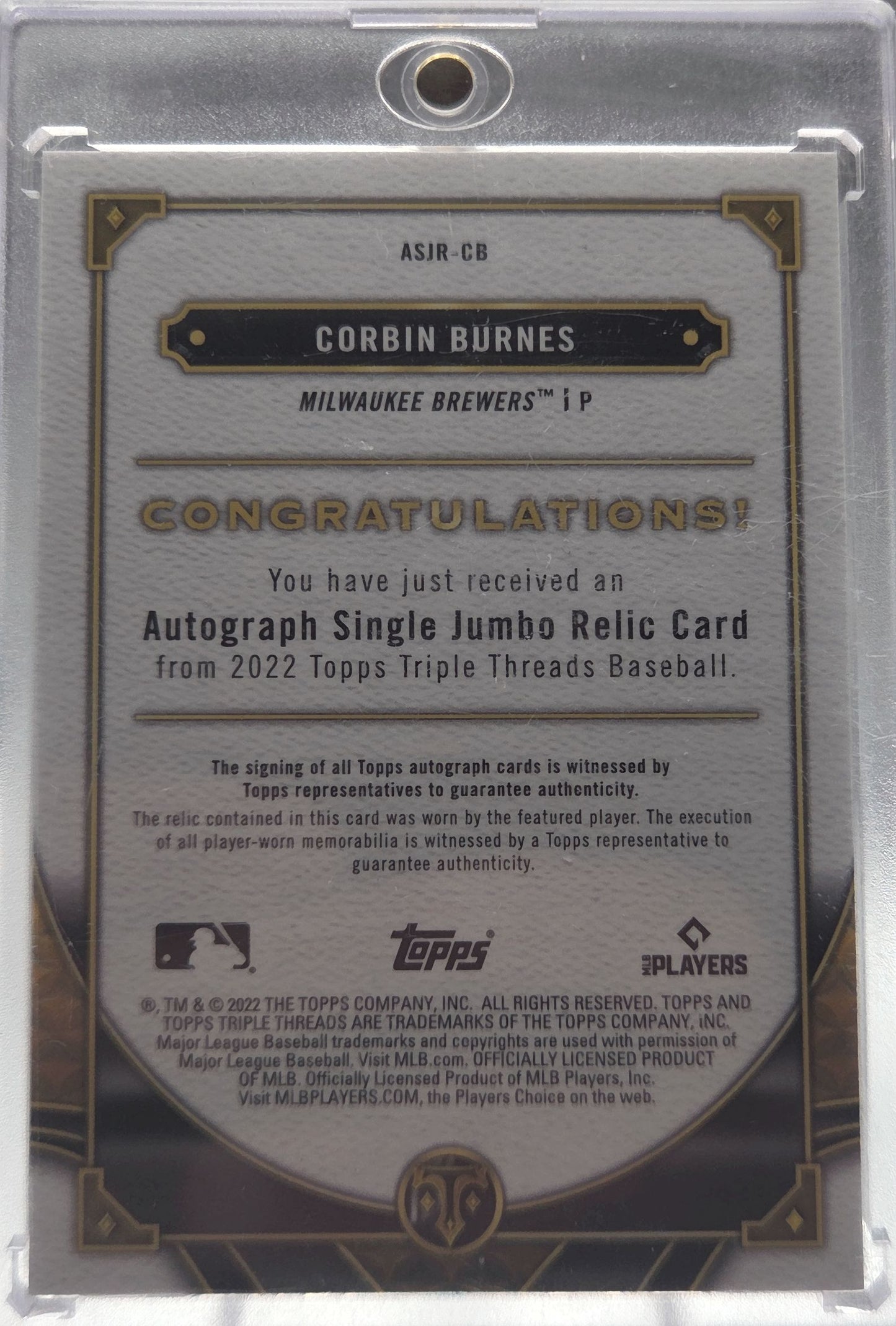 2022 Topps Triple Threads Corbin Burnes #ASJR-CB /99 Autograph Single Jumbo Reli