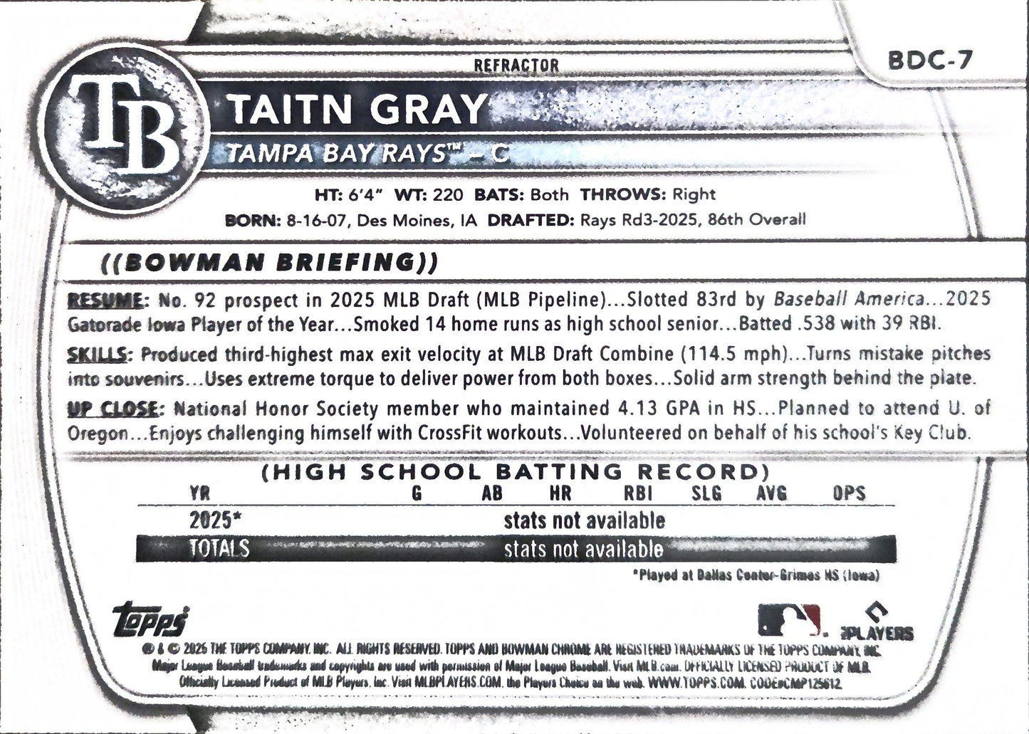 2025 Bowman Chrome Taitn Gray #BDC-7 Refractor