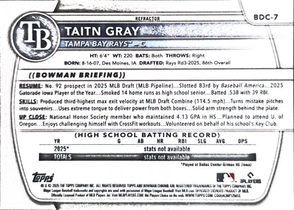 2025 Bowman Chrome Taitn Gray #BDC-7 Refractor