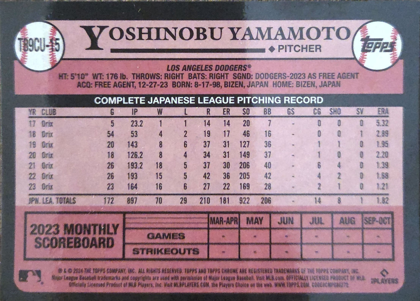 2024 Topps Chrome Silver Yoshinobu Yamamoto #T89CU-15 Orange Mojo Refract /25 RC