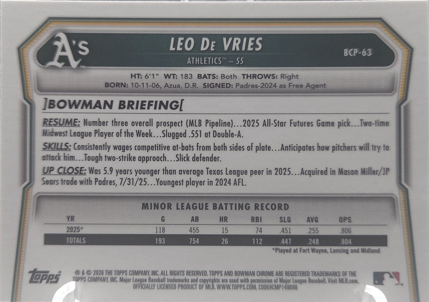 2026 Bowman Chrome Mega Box Leo De Vries #BCP-63 Refractor