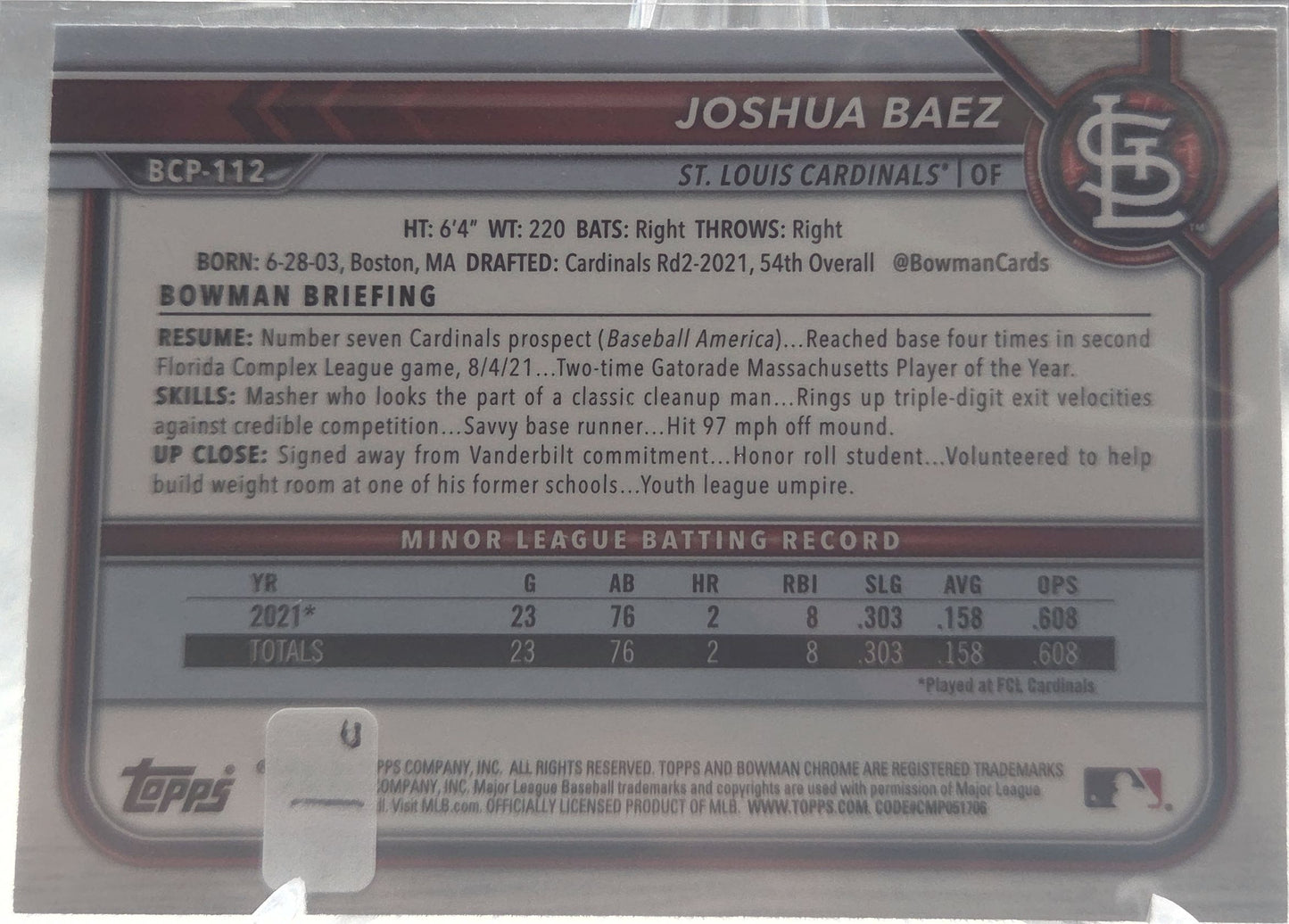 2022 Bowman Chrome Joshua Baez #BCP-112