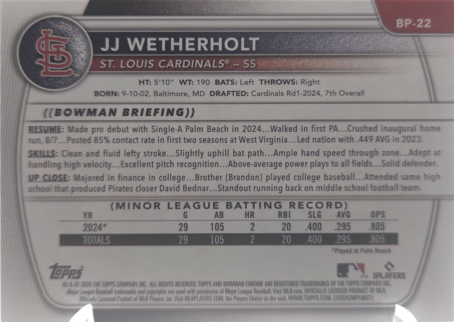 2025 Bowman JJ Wetherholt #BP-22