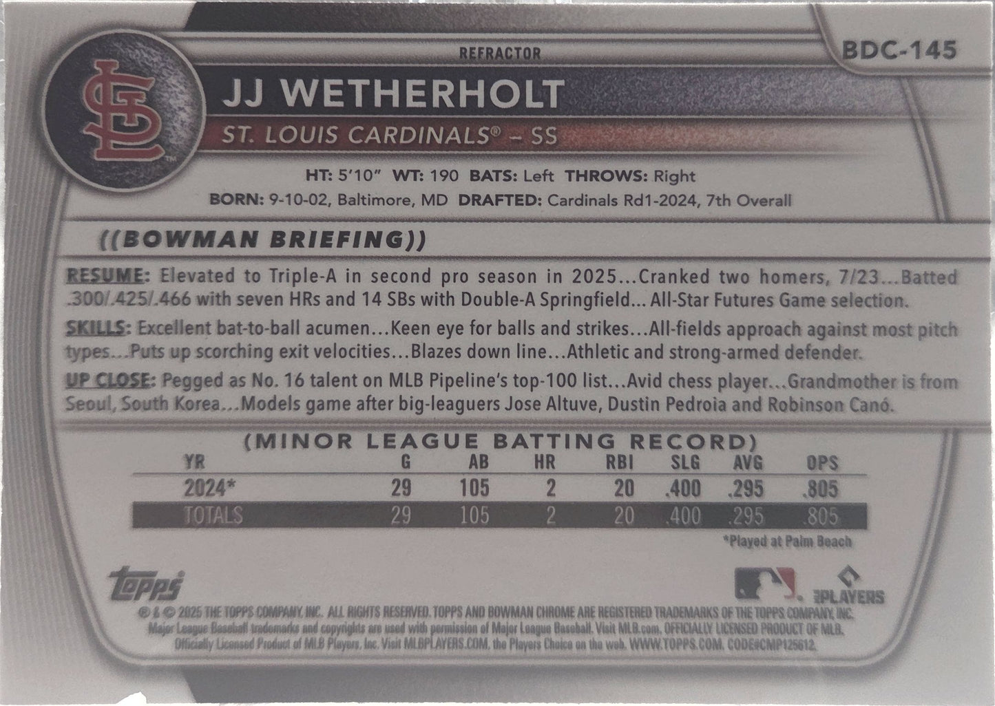 2025 Bowman Chrome JJ Wetherholt #BDC-145 Refractor