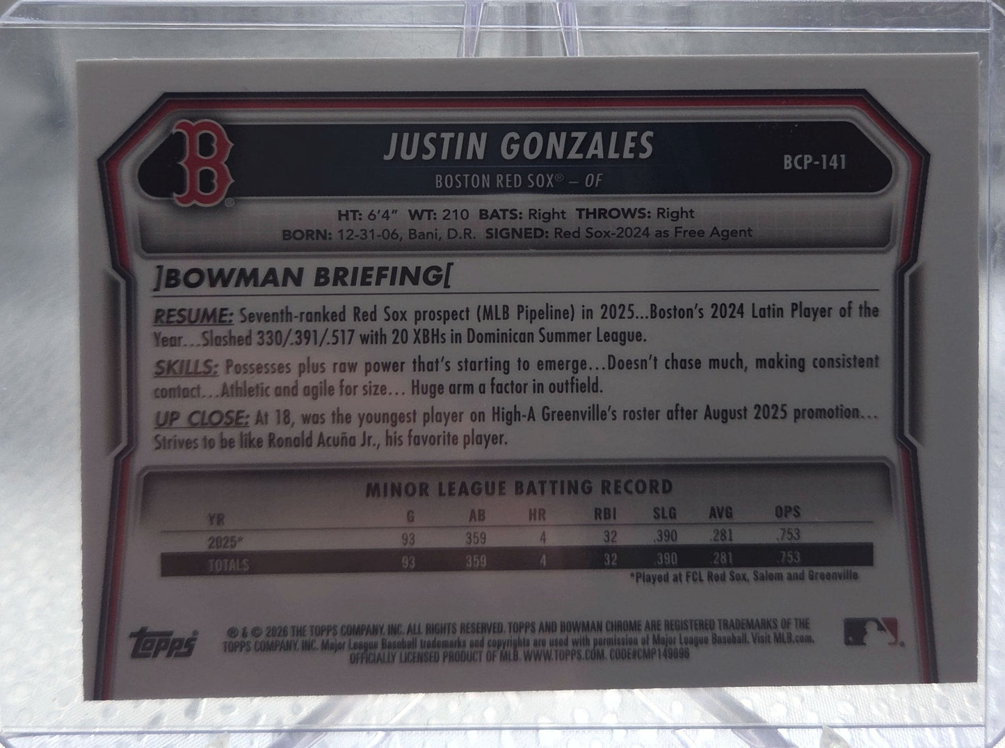 2026 Bowman Chrome Justin Gonzales #BCP-141 Pink Mojo Refractor /195