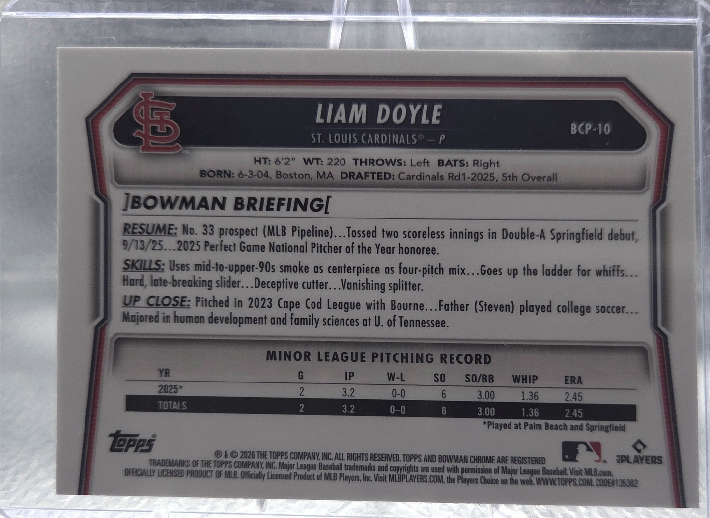 2026 Bowman Chrome Liam Doyle #BCP-10 Silver Laser
