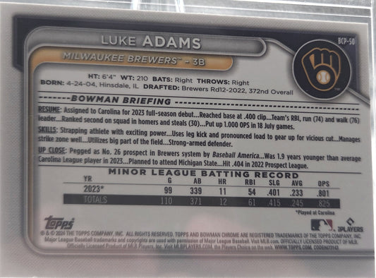 2024 Bowman Chrome Luke Adams #BCP-50 Green Shimmer Refractor