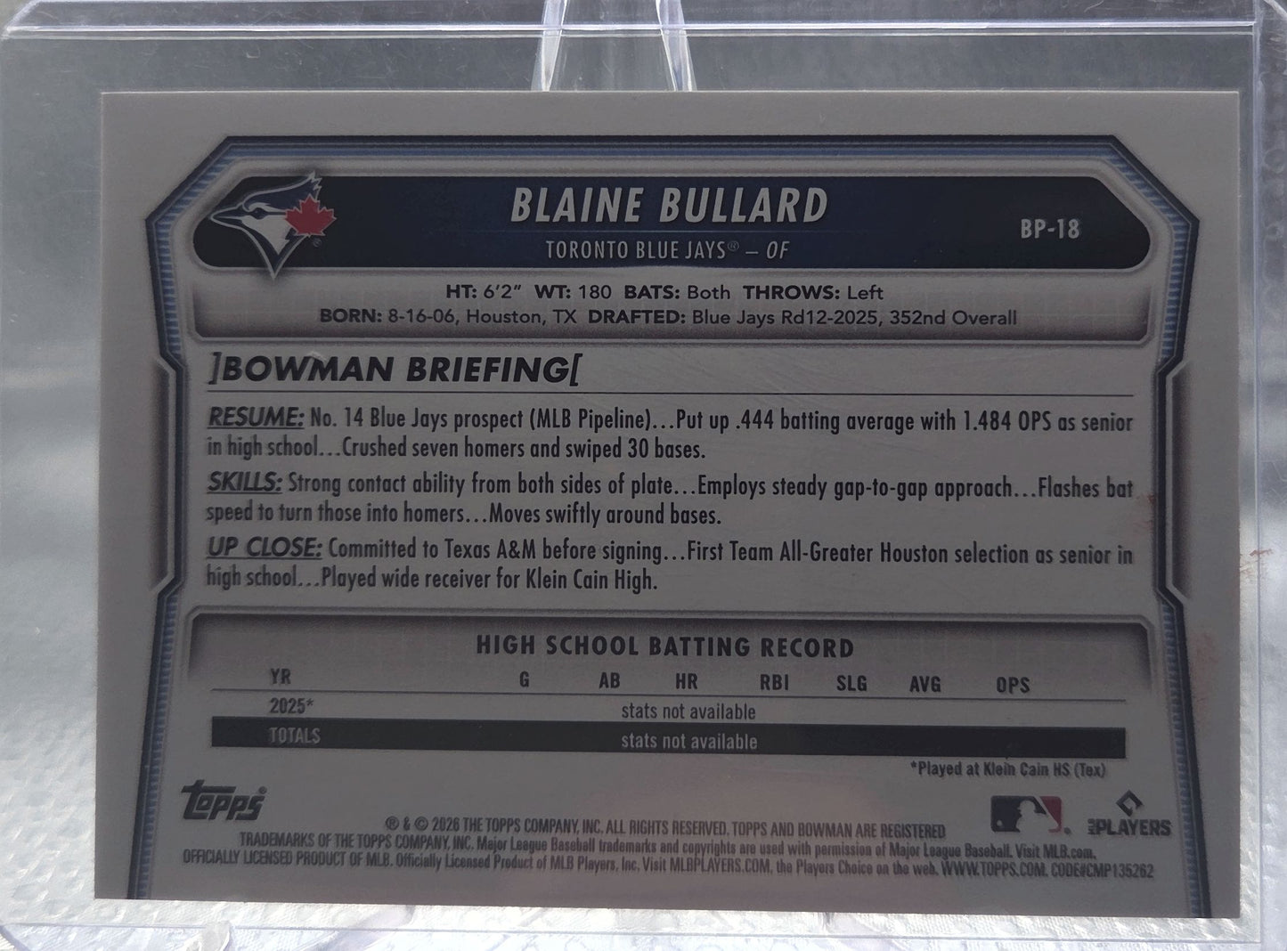 2026 Bowman Blaine Bullard #BP-18 Mega Box Foil