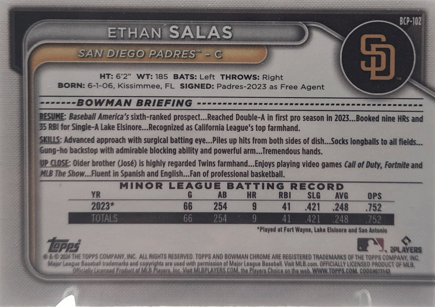 2024 Bowman Chrome Ethan Salas #BCP-102