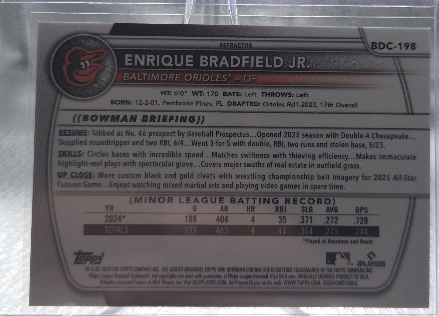 2025 Bowman Chrome Draft Enrique Bradfield Jr. #BDC-198 Refractor
