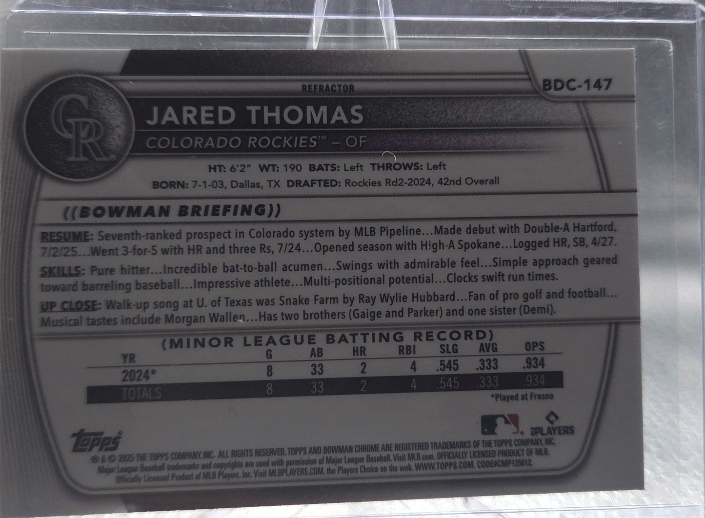 2025 Bowman Chrome Jared Thomas #BDC-147 Refractor