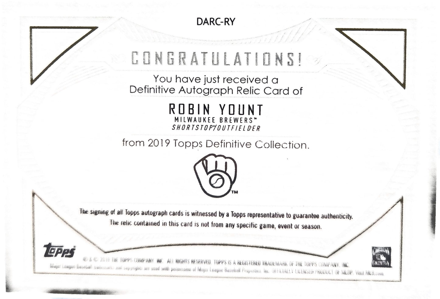2019 Topps Definitive Collection Robin Yount #DARC-RY /50 Relic Patch Memorabili