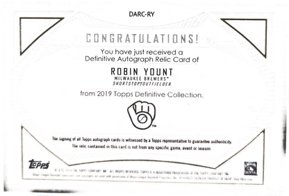 2019 Topps Definitive Collection Robin Yount #DARC-RY /50 Relic Patch Memorabili