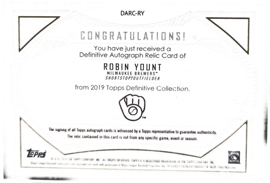 2019 Topps Definitive Collection Robin Yount #DARC-RY /50 Relic Patch Memorabili