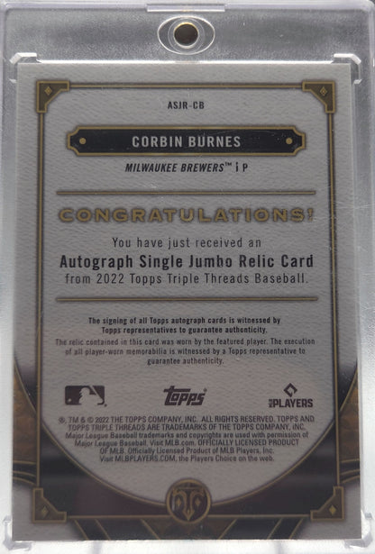 2022 Topps Triple Threads Corbin Burnes #ASJR-CB /99 Autograph Single Jumbo Reli