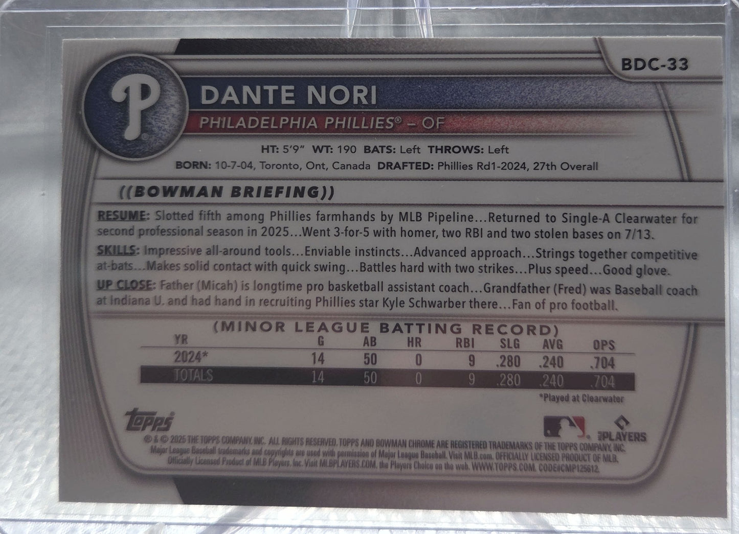 2025 Bowman Draft Chrome Dante Nori #BDC-33 Purple /199